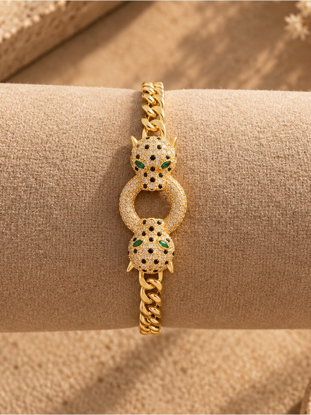 Gold Panther Head Chain Bracelet with Green & White Stones